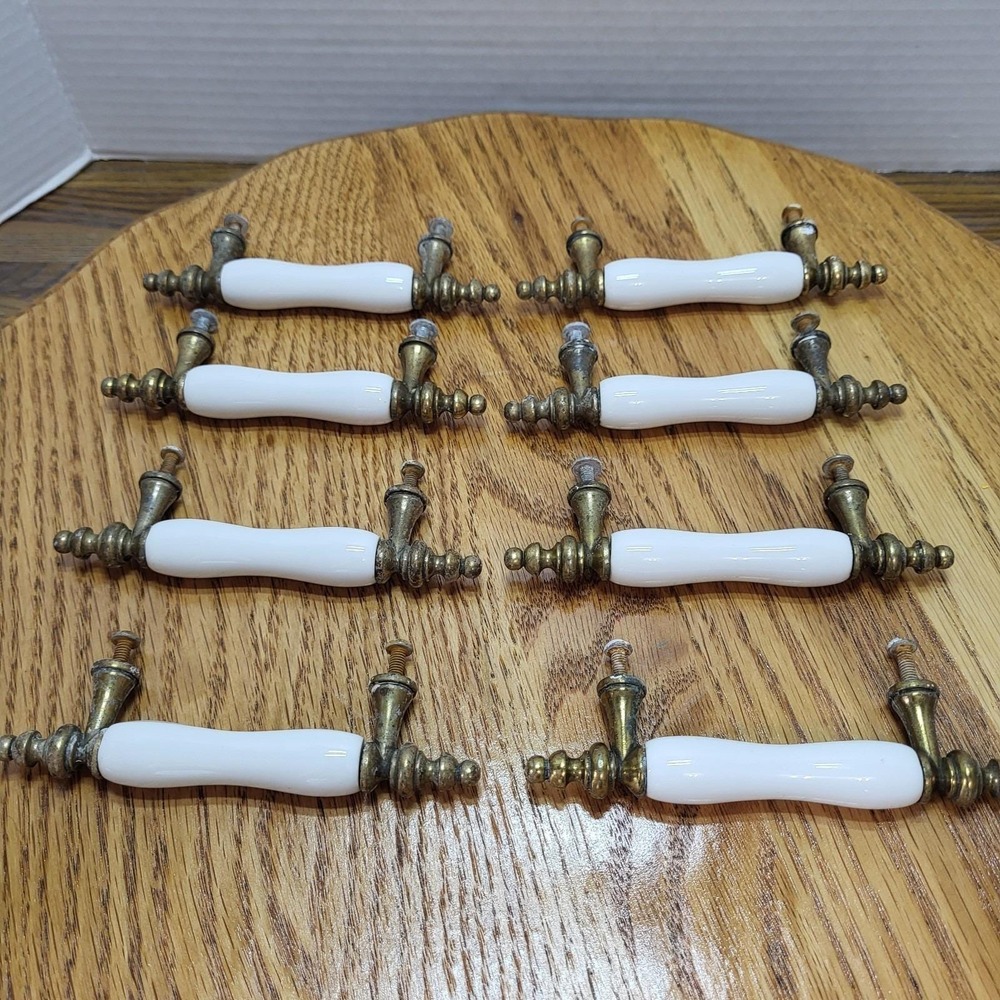VTG Brass And White Ceramic Center Cabinet Handle Bar Pull Set Of 8 Hardware